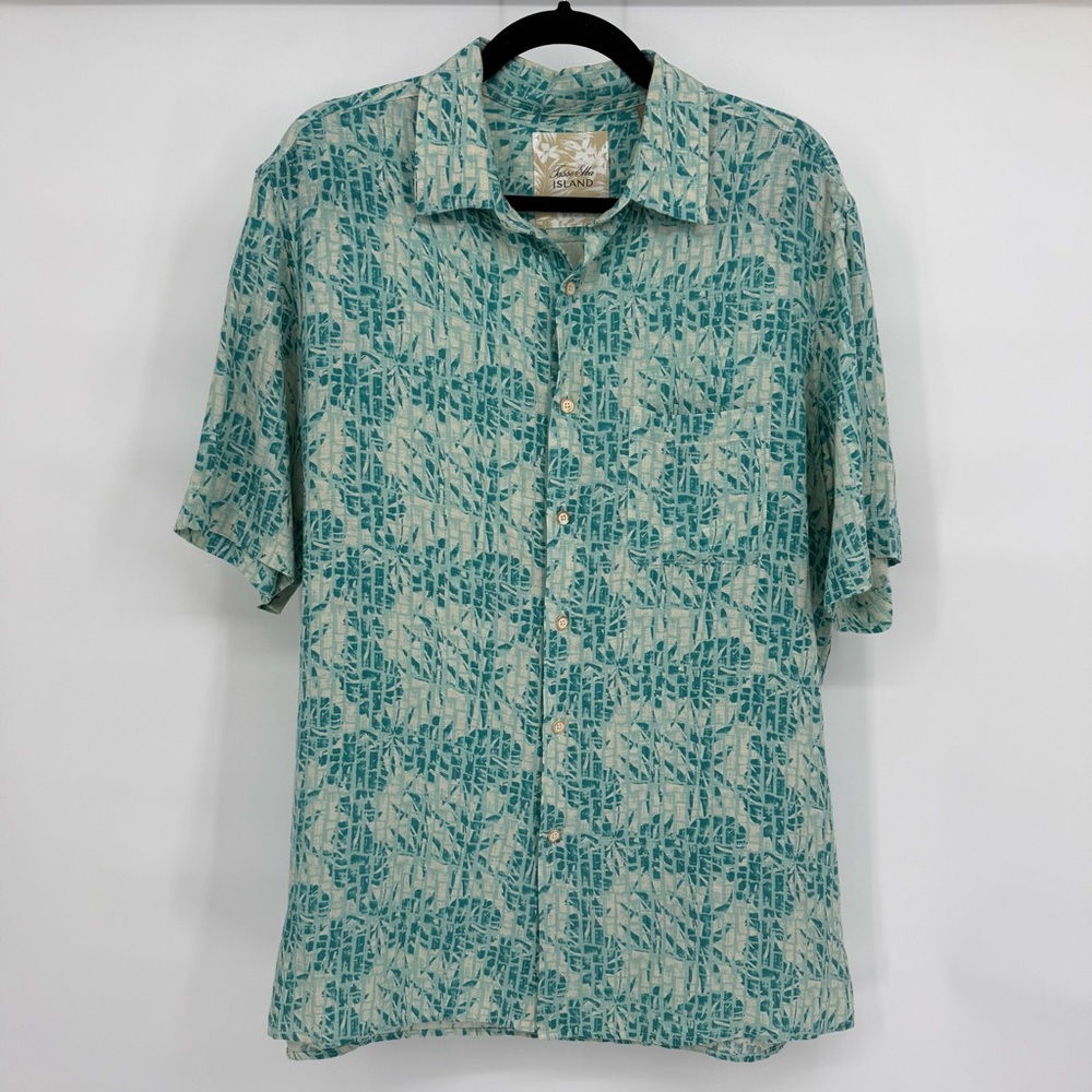 Tasso Elba Island Abstract Print Short Sleeve Button Up Silk Linen Shirt L Beach